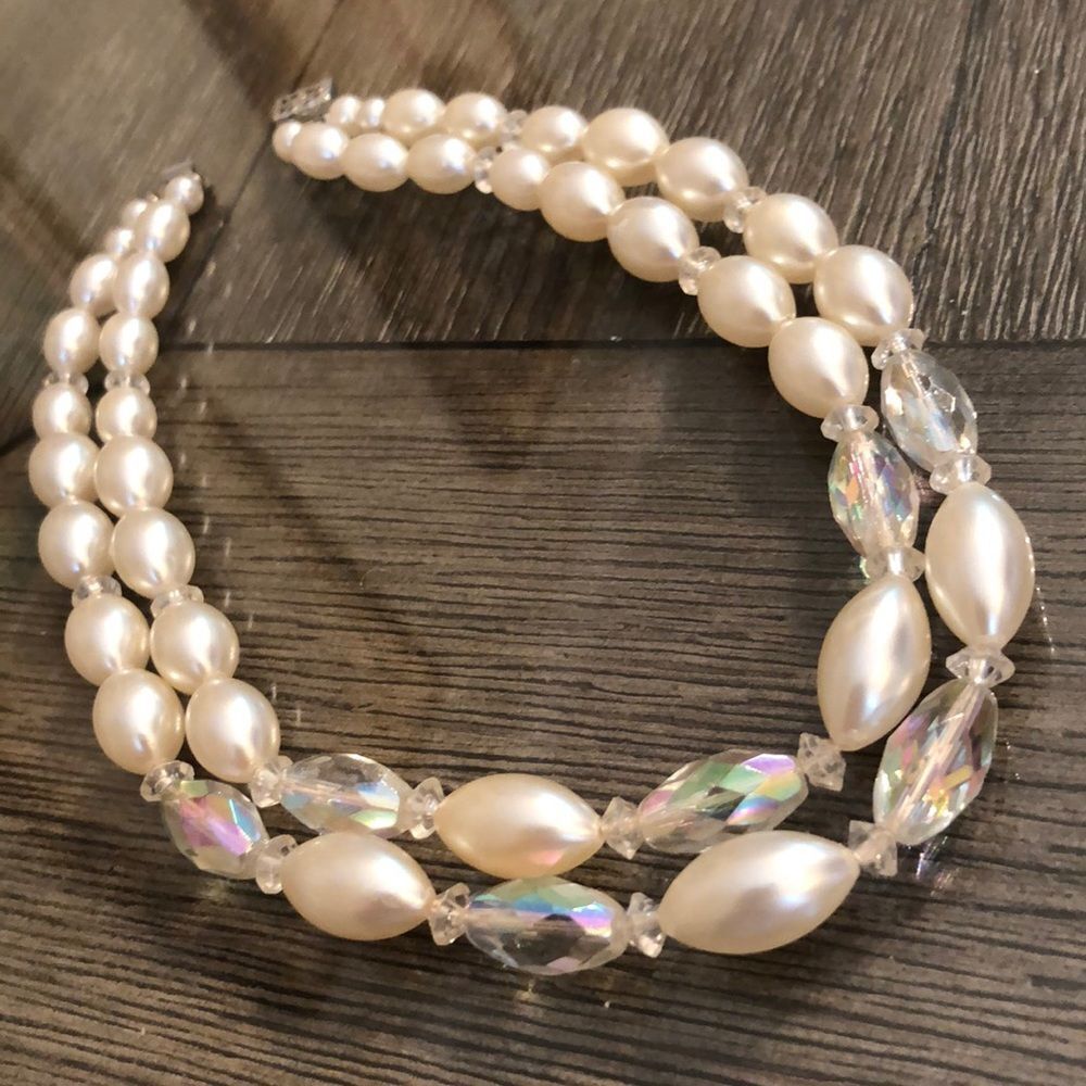 Vintage Two Strand Pearl & Crystal Choker 14”